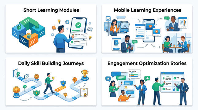 Set of flat vector illustrations representing modern e-learning concepts such as mobile learning experiences short modules daily skill building journeys and user engagement optimization