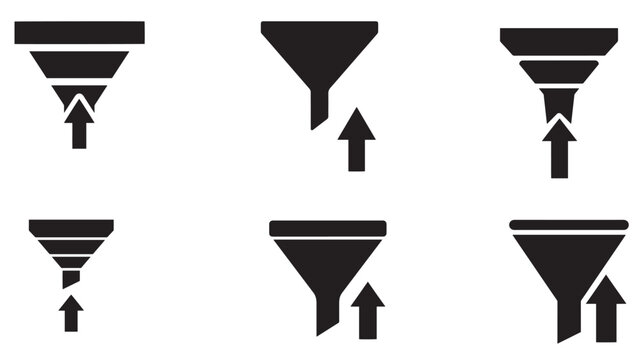 Dark geometric funnel and arrow infographic elements showing downward filtering and upward growth process on black background