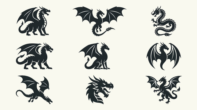 Collection of stylized black dragon silhouettes in various poses.
