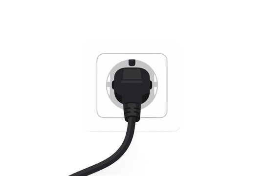 Electric plug inserted into wall socket vector illustration, black power cord and white outlet, modern energy connection isolated on transparent background