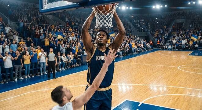 Jugador de baloncesto profesional realizando una volcada espectacular durante un partido en un estadio lleno