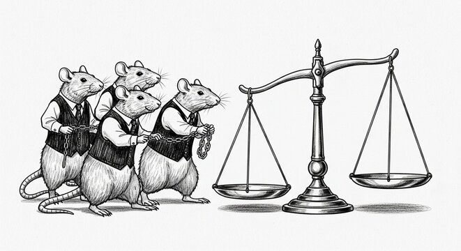 Cartoon rats balancing justice scales in legal parody illustration.