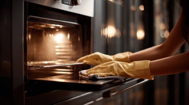 Woman wearing yellow gloves cleans the inside of a modern oven with a cloth. Close-up of a person meticulously cleaning the interior of a kitchen oven, ensuring a hygienic cooking environment