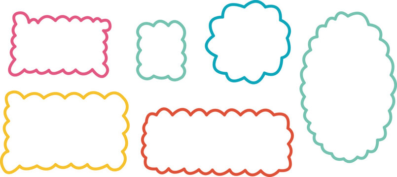 Set of colorful hand-drawn scalloped frames and wavy outlines isolated on a white background. Cute doodle borders, thin line strokes, and message boxes for text, photo frames, and invitation cards.