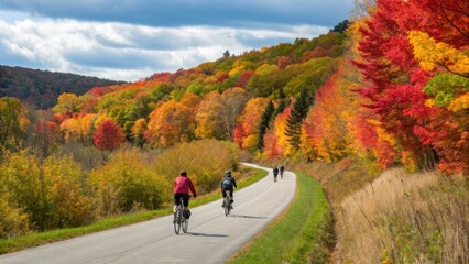 Fototapeta premium Four cyclists ride on a winding road surrounded by colorful autumn trees under a partly cloudy sky in a scenic countryside landscape.