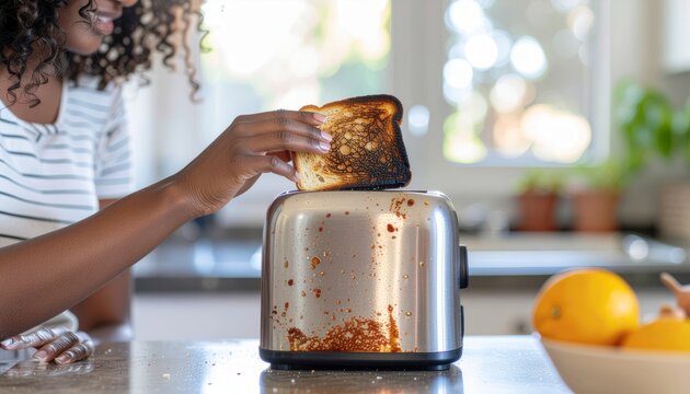 Burnt Toast Disaster - Woman Removes Overcooked Bread from Toaster.