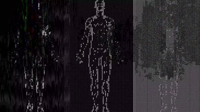 Digital silhouettes of people created using a matrix code rain. Abstract animation of a data stream with three human figures and crashes.