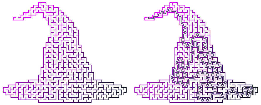 Witch hat maze illustration in purple and grey design  