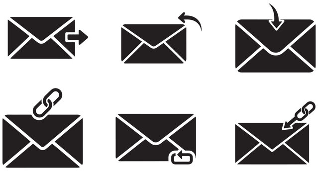 Email envelope icon set showing send reply download forward link and attachment actions in dark minimalist silhouette style