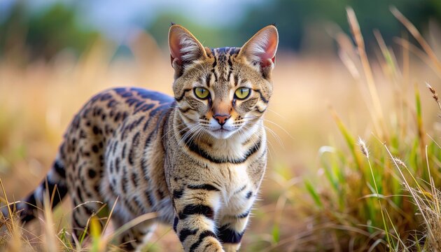 African wildcat prowling in the savanna, a captivating portrait.