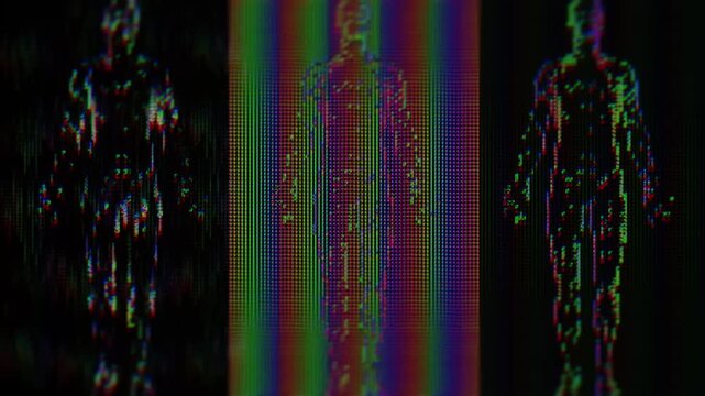 Abstract digital silhouettes of people with vertical rainbow spectrum and pixel distortions. Psychedelic matrix animation of people with background color change.