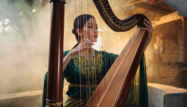 Elegant woman playing harp in a serene and mystical setting.