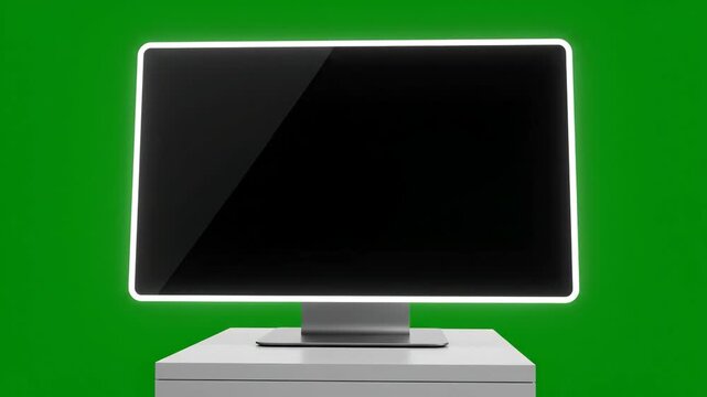 Green Screen Mockup of Rectangular Display Monitor with Glowing White Border on Gray Pedestal