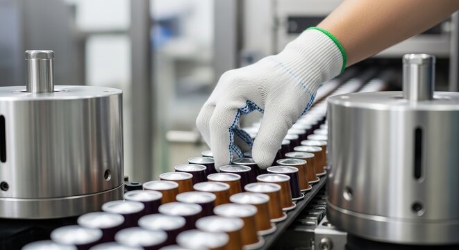 Ground coffee capsules moving along an automated production line in a factory. Industrial coffee manufacturing shows hygiene, inspection and packaging efficiency