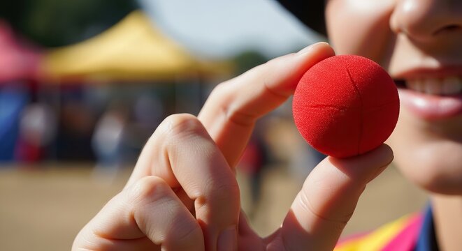 Person holding a red clown nose close to smiling lips at an outdoor event. Playfulness, comedy and festive performance create a cheerful mood