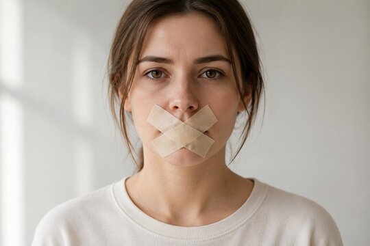 Young woman with tape covering her mouth looking directly at the camera. Silence, censorship and restricted expression highlight issues of voice and personal freedom