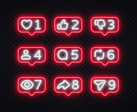 Set of 9 neon red social media notification bubbles with like, dislike, comment, follow, share and view icons on dark background. Glowing UI elements for app or website design