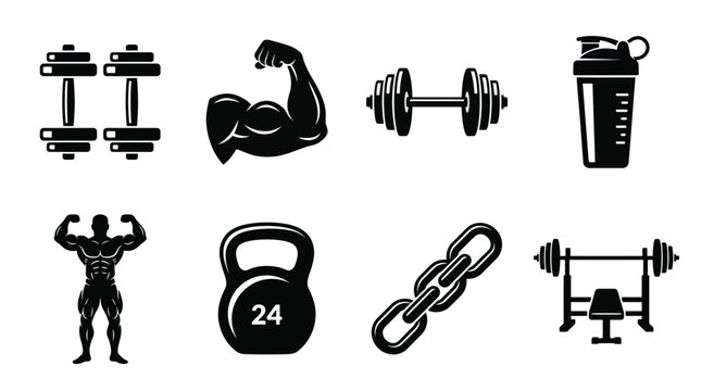 Minimalist vector icons of fitness and bodybuilding items including dumbbell, muscular arm, shaker bottle, kettlebell, flexing figure, bench press illustration set
