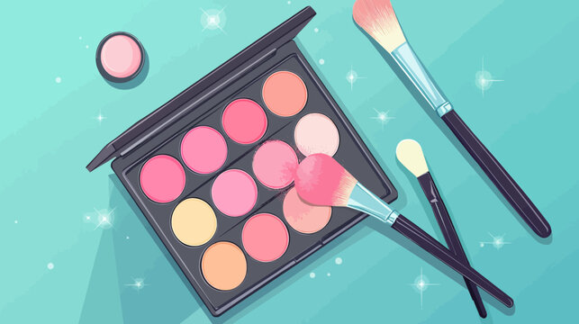 Flat lay of a makeup palette with pink and peach shades and brushes on teal hue