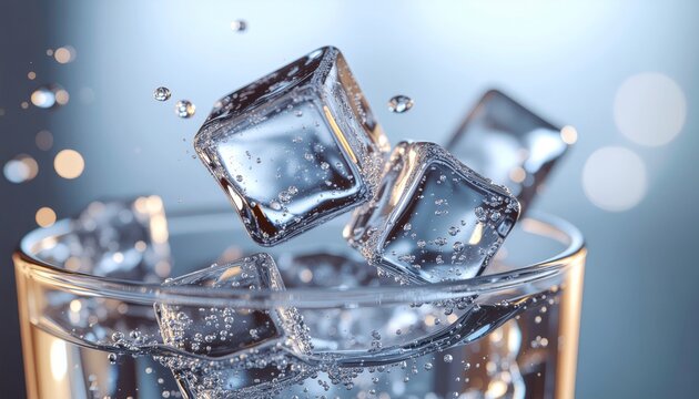 Refreshing Ice Cubes Splashing into a Glass of Water.