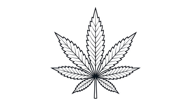 Detailed black and white illustration of a cannabis leaf.