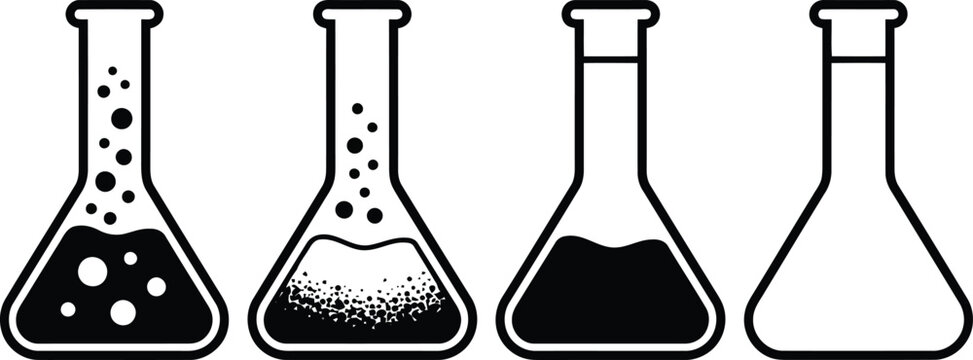 Four laboratory conical flask or erlenmeyer flask icons in black and white