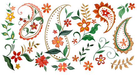 Set of oriental paisley ornaments. Bright floral patterns. Watercolor illustration. © Tatiana