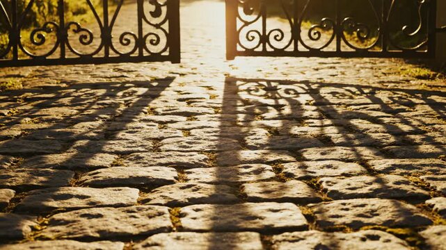 Wrought Iron Gate Slowly Opening Over a Historic Cobblestone Path During Golden Hour Sunlight
