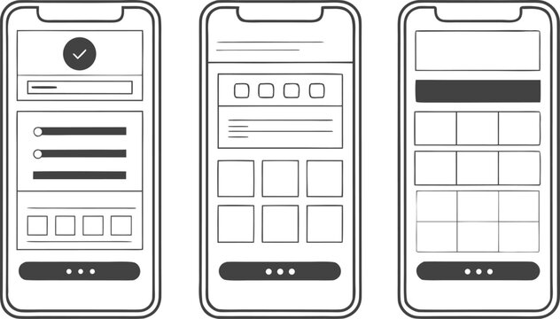 Black and white wireframe mobile app screens for wallet and banking interface smartphone