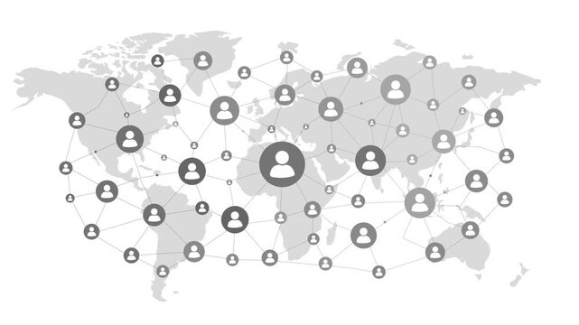 Global People Network Concept with  Connected User Icons Across A World Map. Social Networking, Digital Communities, Remote Collaboration And Global Connectivity. Grey Design on White Background. 