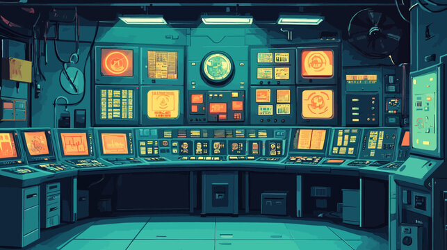 Futuristic control room with multiple consoles, screens, and neon teal lighting