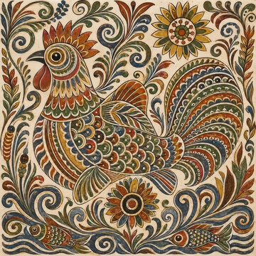 Traditional Romanian Roosterfish Art Print, Flat Horezu Ceramic Painting for Heritage Cottage Decor