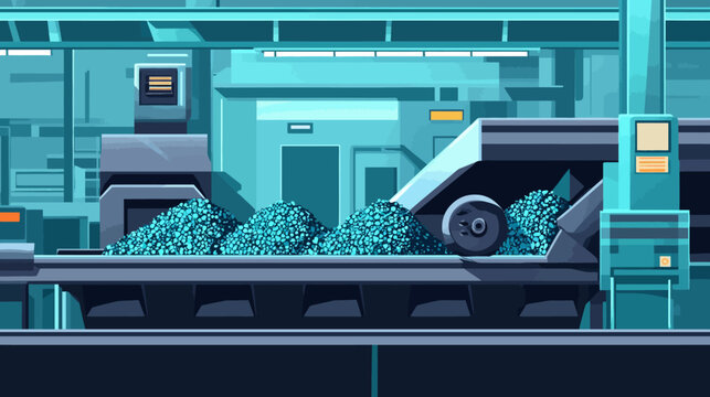 Futuristic industrial factory floor with a conveyor system transporting greenish materials, robotic units, illuminated control panels, metallic surfaces, and an isolated walkway with railings