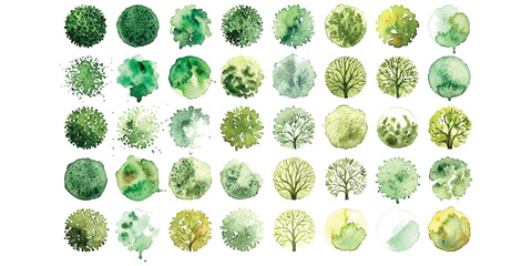 Set of green watercolor tree top view icons for architectural landscape design plan ©  creative  marlia