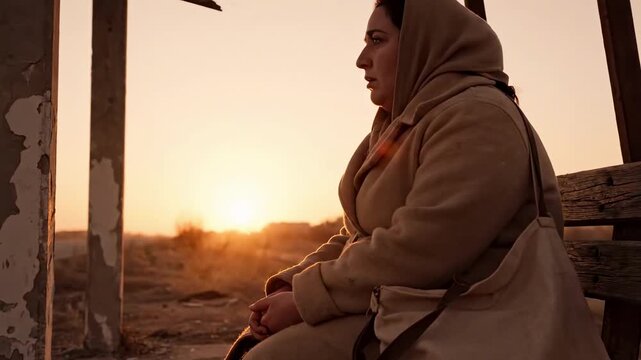Refugee silhouette at sunset, seated displaced woman in hooded scarf on weathered bench inside abandoned shelter frame, side profile, dusty golden light, waiting, loss and survival at last light