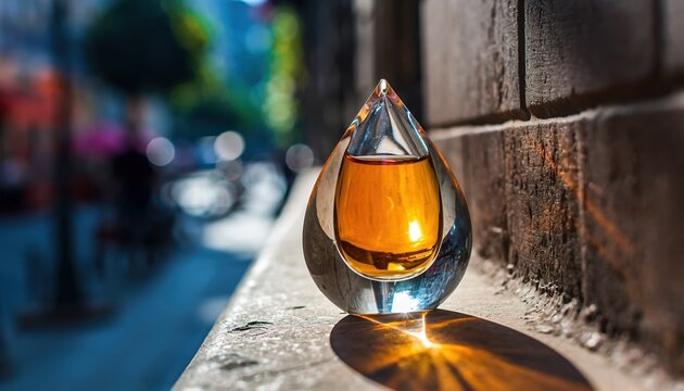 A single drop of amber liquid in a glass vessel, illuminated by warm light.