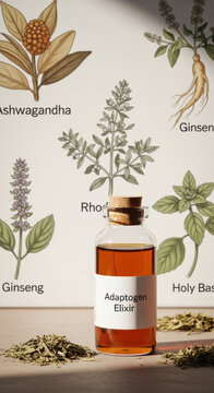 Adaptogen elixir bottle stands in front of a botanical illustration wall chart to showcase natural herbal remedies and holistic medicine practices.