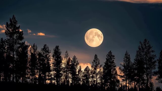 Full moon shines over trees at dusk creating a soft glow in the sky near a forest landscape