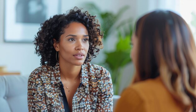 Two women in conversation, one with curly hair.