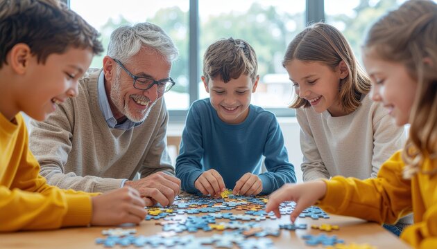 Multi-generational family enjoying a jigsaw puzzle together indoors.
