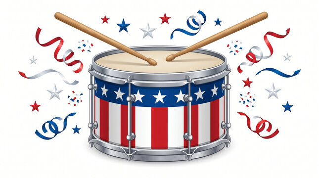 Patriotic 4th of July marching drum vector illustration with drumsticks and confetti