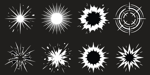Set of eight white comic book explosion and starburst shapes on a dark background ©  creative  marlia