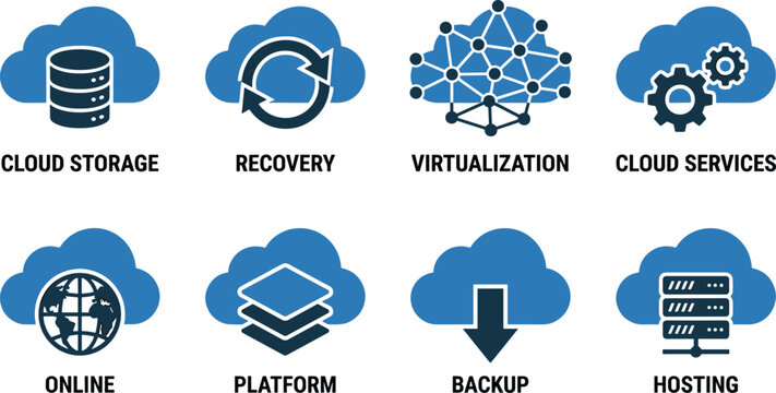 Modern cloud service icons depicting virtualization hosting backup and storage solutions for web platform.