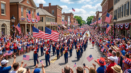 Obraz premium Festive 4th of July patriotic parade with marching band and American flags in historic town 