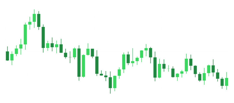 Green stock price chart candlestick patterns graph isolated on transparent background. Forex bear bull market financial fluctuation trend waving. Design elements for business, trading, overlay, PNG