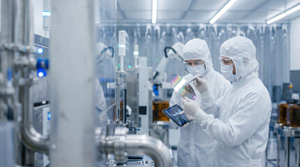 Naklejka premium Semiconductor engineers inspecting silicon wafer in cleanroom facility, microchip manufacturing, semiconductor production, advanced technology, precision engineering, electronics industry, industrial 