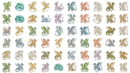 A collection of diverse, colorful, and whimsical dragon illustrations in various poses and colors, perfect for fantasy themes. © Eza
