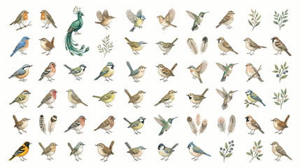 A charming collection of watercolor illustrations featuring various small birds and botanical elements, perfect for nature-themed designs. © Eza