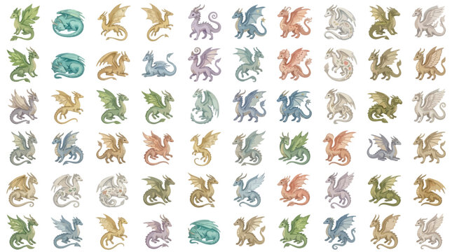 A collection of diverse, colorful, and whimsical dragon illustrations in various poses and colors, perfect for fantasy themes.