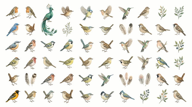 A charming collection of watercolor illustrations featuring various small birds and botanical elements, perfect for nature-themed designs.